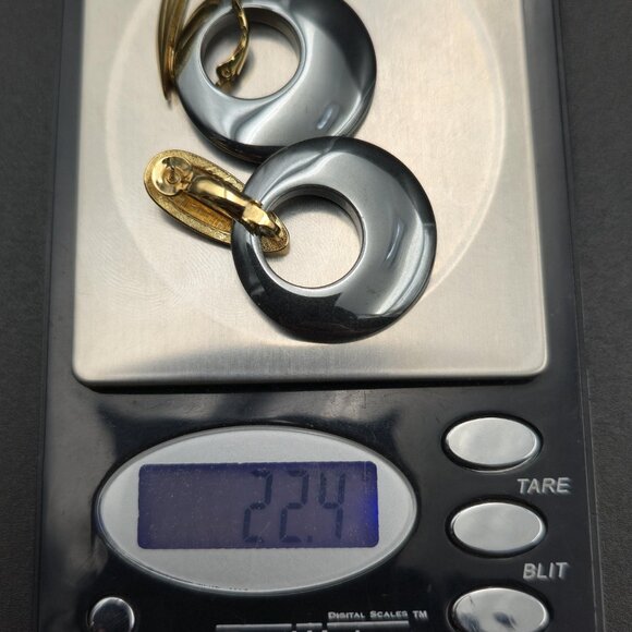 Gold Plated Circle Hematite Stone Dangle Earrings A6280 - Picture 5 of 5